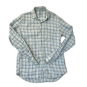 J Crew 100% Linen Gingham Plaid Button Up Shirt Blue Green Mens size Small